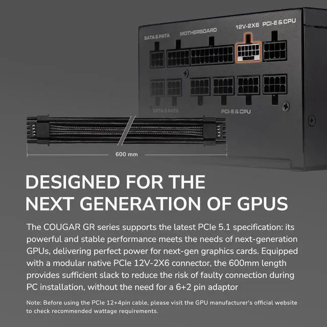 Alt view image 4 of 7 - COUGAR GR1000W Power Supply - 80 Plus Gold, ATX 3.1 & PCIe 5.1 Ready | 100% Japanese Capacitors, 80 Plus Gold, ATX 3.1 & PCIe 5.1 Ready, Cybernetics Platinum, Native 12V-2x6 Cable, 10Year Warranty