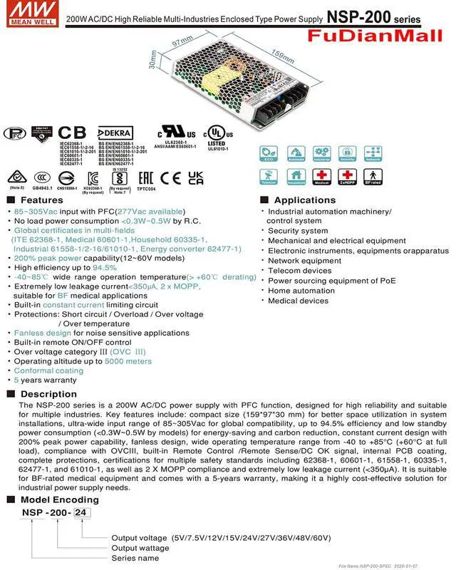 Alt view image 3 of 7 - Mean Well 200W AC/DC High Reliable Multi-Industries Enclosed Type 12 Volt Power Supply Ham Radio Computer Uninterruptible Power Supply Units 12V 16.7A NSP-200-12