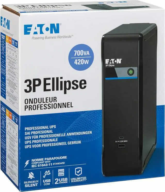 Alt view image 6 of 7 - Eaton Ellipse 3P700UD UPS - Off-Line - 700VA/420W - DIN Male - USB Type A & C (3 Batteries + Surge Protector, 1 Surge Protection Only, Shutdown Software)