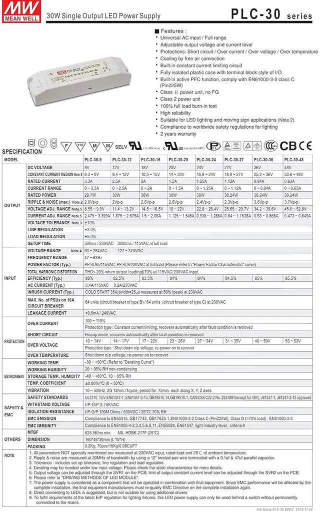 Alt view image 2 of 4 - MEAN WELL PLC-30-12 AC to DC LED Driver Enclosed Power Supply, Single Output, 12 Volt, 2.5 Amp, 30 Watt