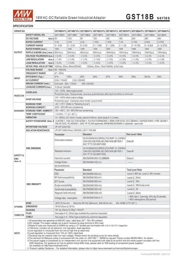 Alt view image 2 of 5 - MEAN WELL GST18B24-P1J 18W AC-DC Reliable Green Industrial Adaptor GST18B 24V 0.75A