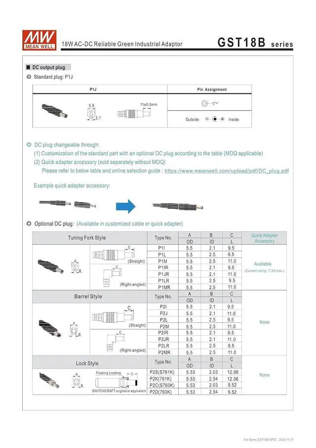Alt view image 4 of 5 - MEAN WELL GST18B24-P1J 18W AC-DC Reliable Green Industrial Adaptor GST18B 24V 0.75A
