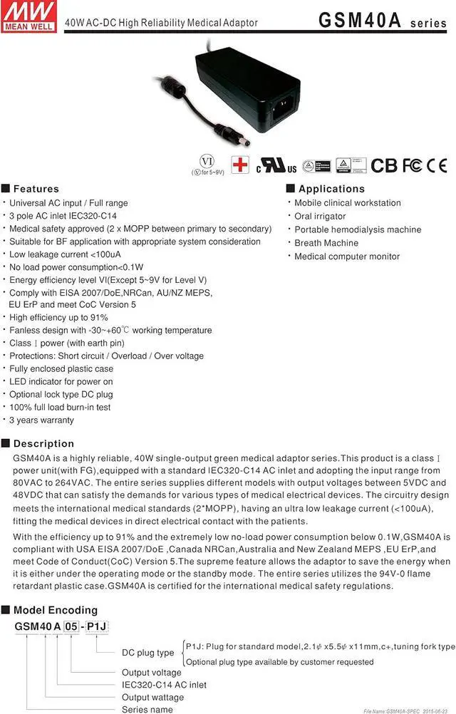 Alt view image 2 of 4 - MEAN WELL GSM40A05-P1J 5V 5A 25W AC-DC High Reliability Medical Adaptor