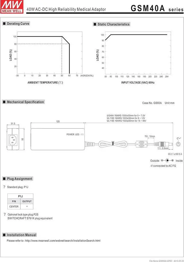 Alt view image 4 of 4 - MEAN WELL GSM40A05-P1J 5V 5A 25W AC-DC High Reliability Medical Adaptor