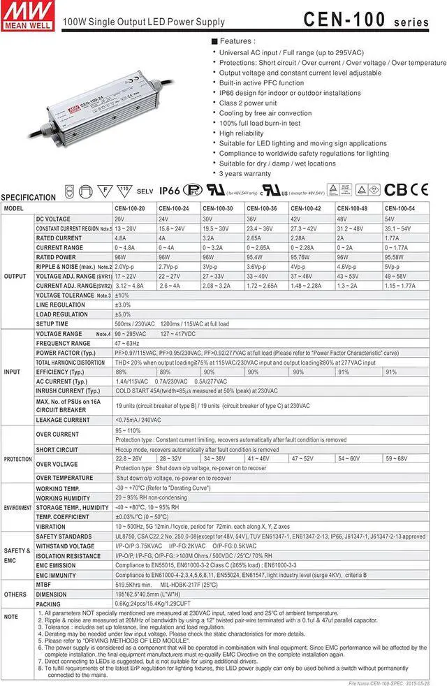 Alt view image 2 of 4 - MW Mean Well CEN-100-20 20V 4.8A 96W Single Output LED Power Supply with PFC