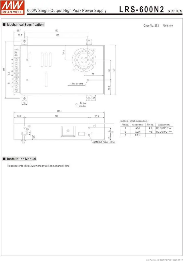 Alt view image 7 of 7 - Mean Well Genuine 600W LRS-600N2-24 Single Output Switching High Peak Power Supply 24V 25A