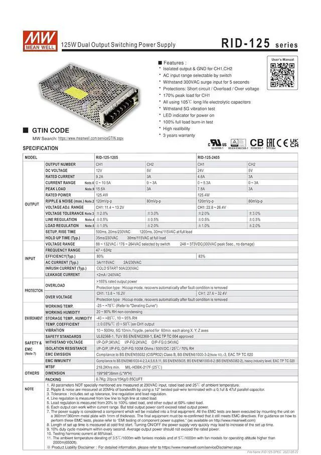 Alt view image 2 of 3 - Mean Well RID-125-1205 125.4W Dual Output Switching Power Supply RID-125 12V/9.2A 5V/3A