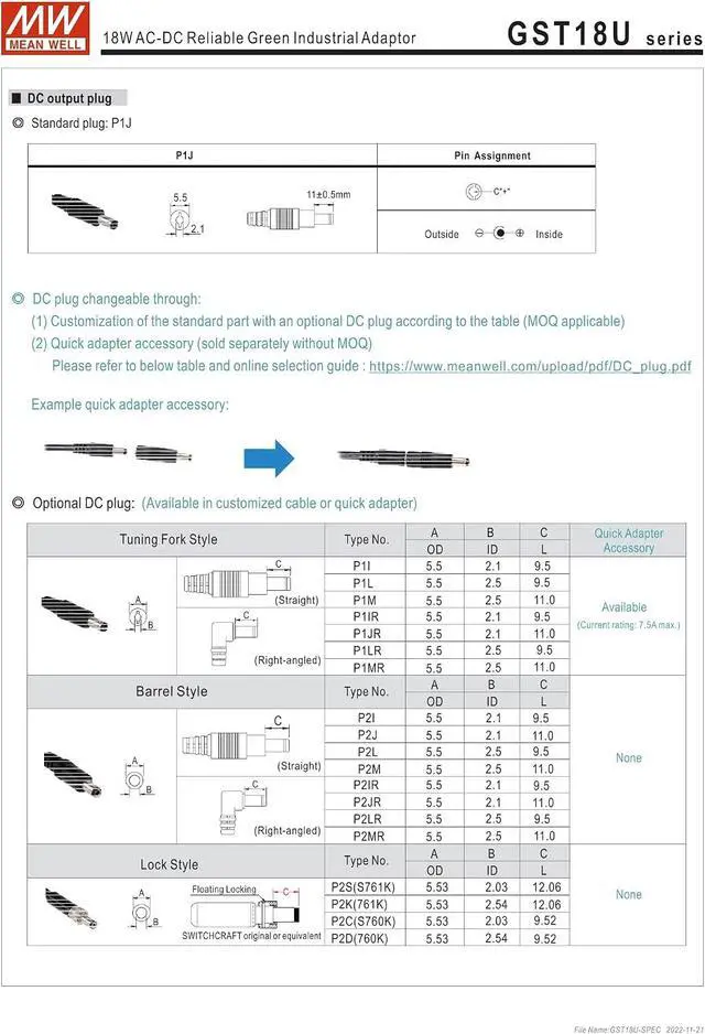 Alt view image 3 of 4 - MEAN WELL GST18U09-P1J 18W AC-DC Reliable Green Industrial Adaptor GST18U 9V 2A