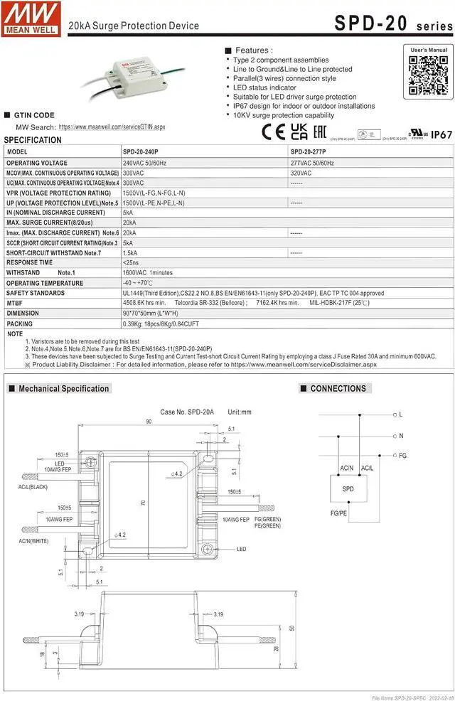 Alt view image 4 of 5 - Mean Well SPD-20-240P Surge Protection Device