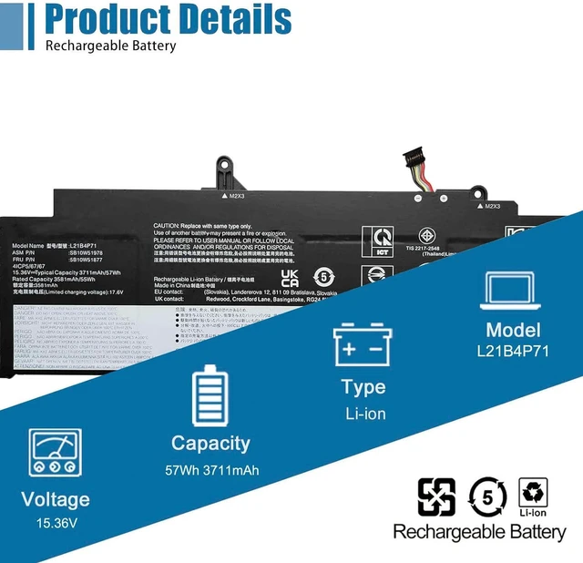 Alt view image 2 of 6 - L21B4P71 Laptop Battery Replacement for Lenovo ThinkPad T14s Gen 3 2022 Gen 4 2023 Series SB10W51978 5B10W51877 SB11M89834 SB11M89832 5B11M90031 15.36V 57Wh 3711mAh