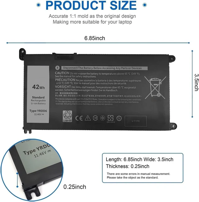 Alt view image 3 of 7 - YRDD6 1VX1H Laptop Battery,Compatible for Inspiron 5482 5485 5491 3310 2-in-1 3493 3593 3793 5493 5585 5593 5480 5590 3584 Vostro 3491