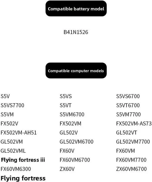Alt view image 6 of 6 - Compatible for ASUS,Flying Fortress 3rd Gen FX60VM/ZX60V/FX502VM Battery - Works with B41N1526 | 15.2V 4240mAh Notebook Battery.