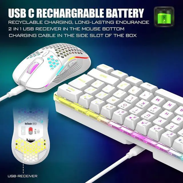 Alt view image 3 of 7 - RedThunder 60% Wireless Gaming Keyboard and Mouse Combo, 2500mAh Rechargeable Battery, Ultra-Compact Small RGB Mechanical Feel Keyboard, Lightweight Honeycomb Optical Mouse for Gaming/Business, White