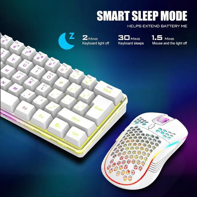 Alt view image 4 of 7 - RedThunder 60% Wireless Gaming Keyboard and Mouse Combo, 2500mAh Rechargeable Battery, Ultra-Compact Small RGB Mechanical Feel Keyboard, Lightweight Honeycomb Optical Mouse for Gaming/Business, White