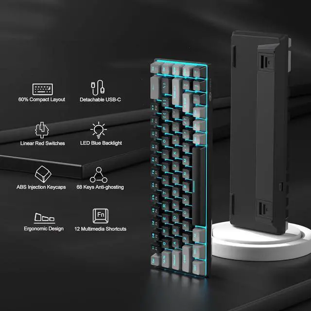 Alt view image 2 of 7 - MageGee Portable 60% Mechanical Gaming Keyboard, MK-Box LED Backlit Compact 68 Keys Mini Wired Office Keyboard with Red Switch for Windows Laptop PC Mac - Black/Grey
