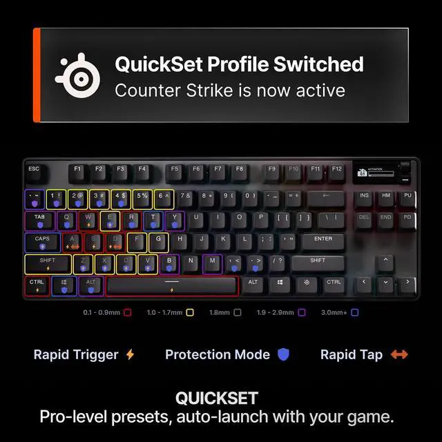Alt view image 3 of 7 - Apex Pro TKL Gen 3 Gaming Keyboard - OmniPoint 3.0 Analog Magnetic Switches, Quickset Auto-Presets (Rapid Trigger, Rapid Tap/SOCD, Protection Mode), OLED, RGB, PBT Keycaps, USB-C, Black