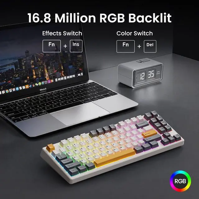 Alt view image 4 of 7 - Kisnt KN85 Wireless Mechanical Keyboard, 75% Layout, Bluetooth/2.4GHz/USB-C, Custom RGB Backlit, Hot-Swappable Linear Switch, Creamy Sound for Gaming/Typing (Retro Beige)
