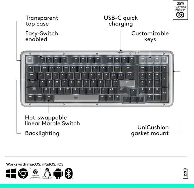 Alt view image 7 of 7 - Alto Keys K98M Wireless Mechanical Clicky Keyboard, Customizable Keyboard with Vibration Absorbing Gasket, Backlit Keys, Bluetooth, USB-C Charging, for PC, Mac, Laptops - Graphite