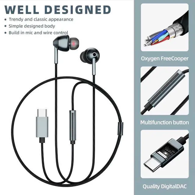 Alt view image 12 of 14 - USB-C Wired Earbuds with Microphone, Volume Control, Noise Canceling, Compatible with Samsung Galaxy S24 S23 S22, iPhone 17 16 15 Pro Pro max, Pixel Phones