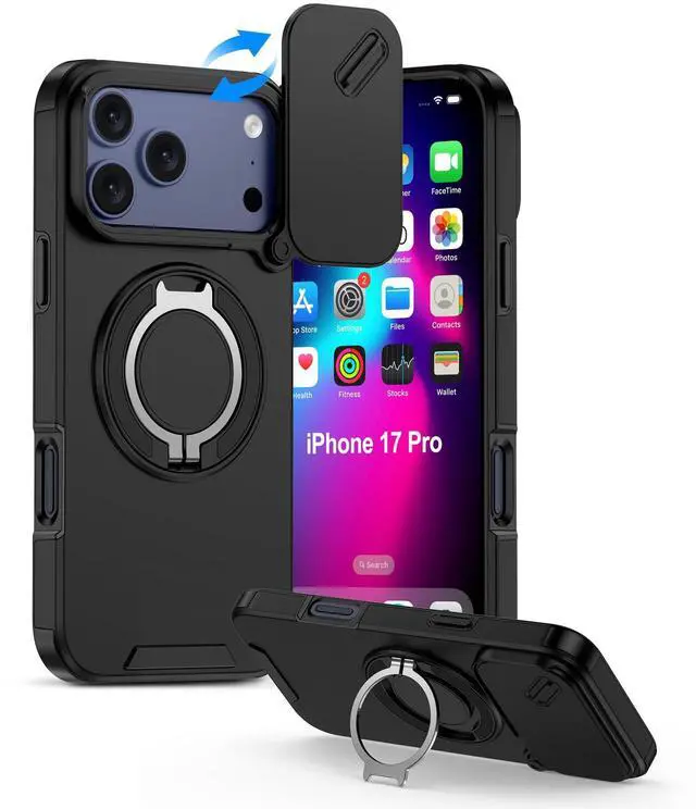 Alt view image 8 of 14 - iPhone 17 Pro Case with Camera Cover & Ring Holder, 6.3" Rugged Shockproof Military-Grade Case for 17PRO, Slim Rugged Protection with Sliding Lens Cover & Stand Grip for Apple iPhone 17 Pro-Black