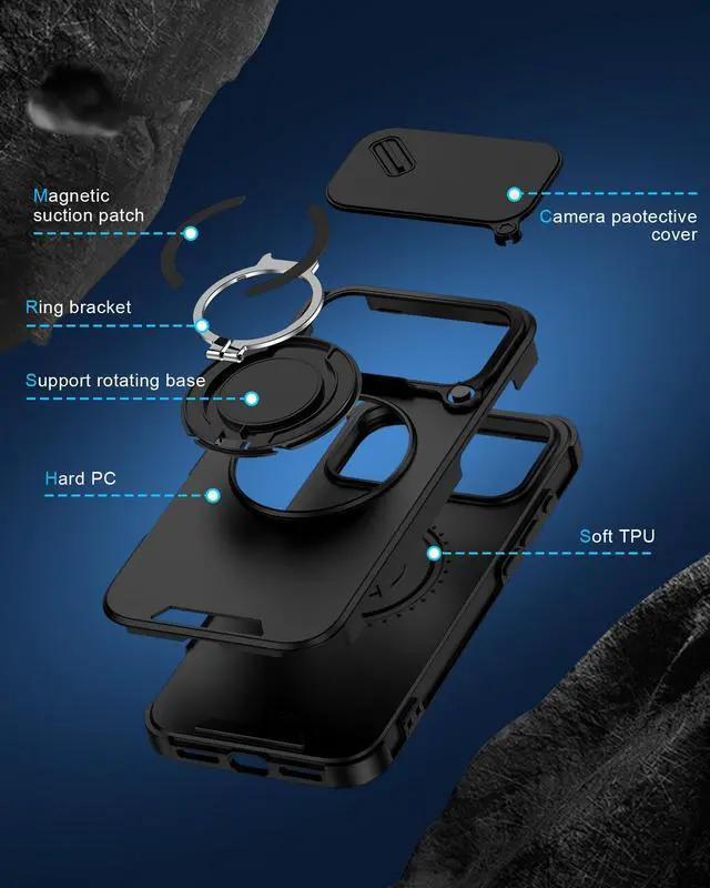 Alt view image 9 of 14 - iPhone 17 Pro Case with Camera Cover & Ring Holder, 6.3" Rugged Shockproof Military-Grade Case for 17PRO, Slim Rugged Protection with Sliding Lens Cover & Stand Grip for Apple iPhone 17 Pro-Black