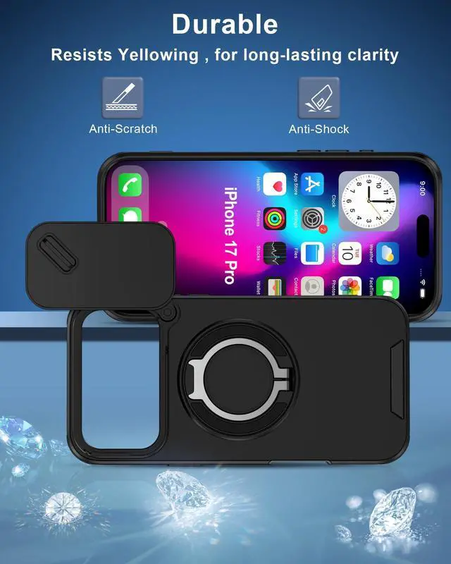 Alt view image 11 of 14 - iPhone 17 Pro Case with Camera Cover & Ring Holder, 6.3" Rugged Shockproof Military-Grade Case for 17PRO, Slim Rugged Protection with Sliding Lens Cover & Stand Grip for Apple iPhone 17 Pro-Black
