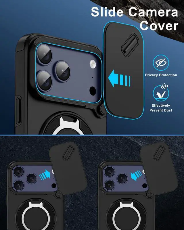 Alt view image 12 of 14 - iPhone 17 Pro Case with Camera Cover & Ring Holder, 6.3" Rugged Shockproof Military-Grade Case for 17PRO, Slim Rugged Protection with Sliding Lens Cover & Stand Grip for Apple iPhone 17 Pro-Black