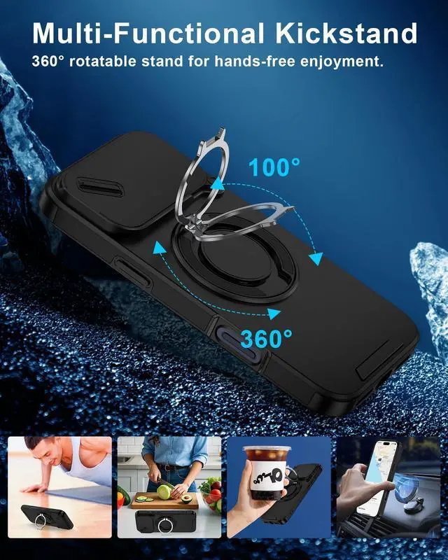 Alt view image 13 of 14 - iPhone 17 Pro Case with Camera Cover & Ring Holder, 6.3" Rugged Shockproof Military-Grade Case for 17PRO, Slim Rugged Protection with Sliding Lens Cover & Stand Grip for Apple iPhone 17 Pro-Black