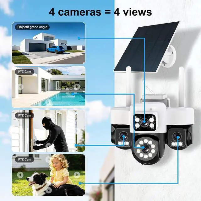 Alt view image 2 of 7 - 4K Solar Security Cameras Wireless Outdoor Battery Powered,Four Lens Bullet Head & 360 PTZ Linkage with Solar Panel, Color Night Vision, Motion Detection (White)