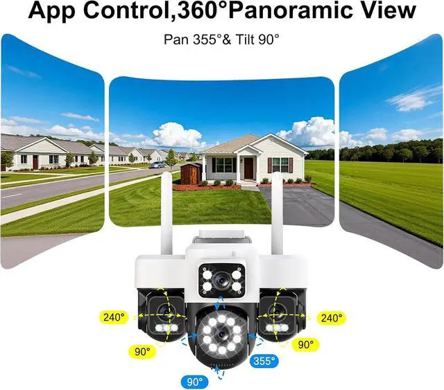 Alt view image 3 of 7 - 4K Solar Security Cameras Wireless Outdoor Battery Powered,Four Lens Bullet Head & 360 PTZ Linkage with Solar Panel, Color Night Vision, Motion Detection (White)