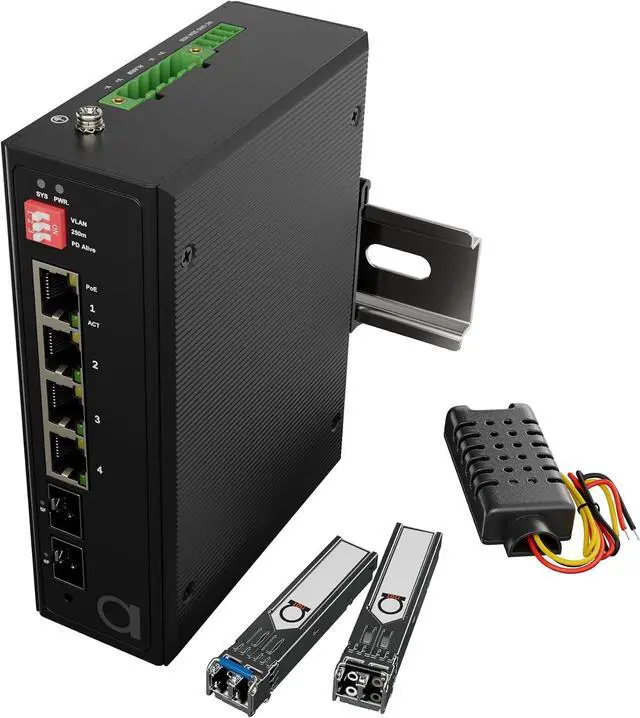 Main image of Industrial 4-Port PoE++ Switch 90W Per Port (360W Total Budget), Managed Gigabit Ethernet, 2x SFP Uplink with SM & MM Modules Included, IEEE 802.3bt Type 4, DIN Rail Mount, Temperature Sensor Included