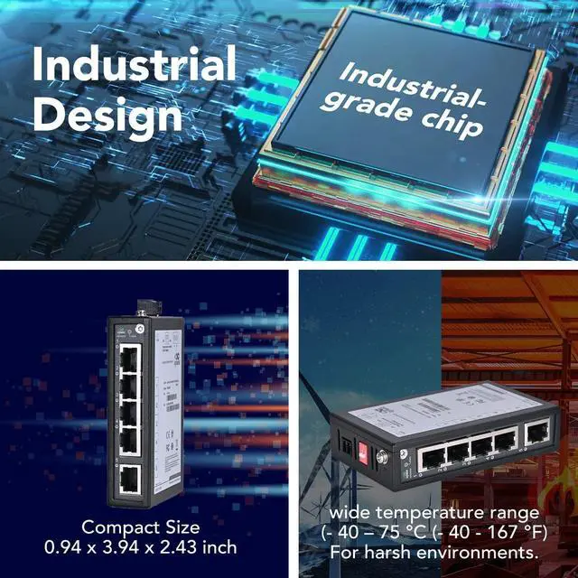 Alt view image 5 of 6 - InHand Networks 5-Port Unmanaged Industrial Gigabit Ethernet Switch, 5 * 10/100/1000 Base-T(X) Adaptive RJ45 Ports, Operating Temperature from -40°C to +75°C, IP30, DIN Rail, FCC/CE/UL Certification