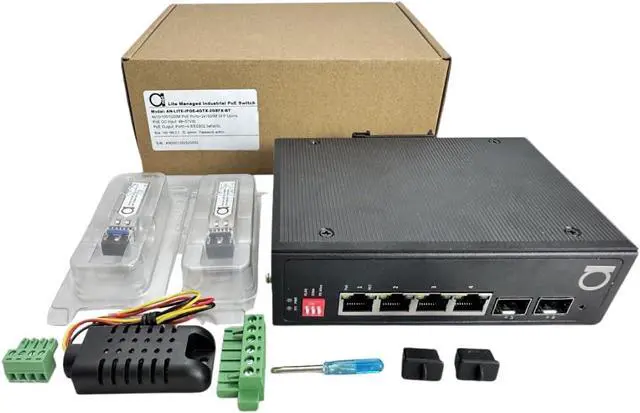 Alt view image 6 of 7 - Industrial 4-Port PoE++ Switch 90W Per Port (360W Total Budget), Managed Gigabit Ethernet, 2x SFP Uplink with SM & MM Modules Included, IEEE 802.3bt Type 4, DIN Rail Mount, Temperature Sensor Included
