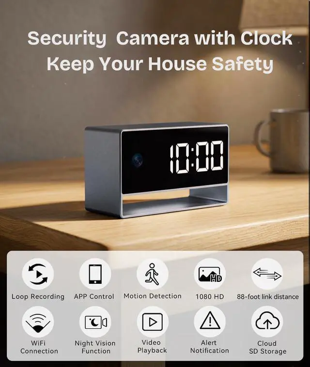 Alt view image 2 of 7 - 4K WiFi Wireless Indoor Security Cam with Night Vision, Indoor Camera with Clock with App Control, Nanny Cam with AI Motion Detection, Loop Recording, Local & Cloud Storage for Home, Easy to Use