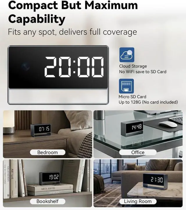 Alt view image 5 of 7 - 4K WiFi Wireless Indoor Security Cam with Night Vision, Indoor Camera with Clock with App Control, Nanny Cam with AI Motion Detection, Loop Recording, Local & Cloud Storage for Home, Easy to Use