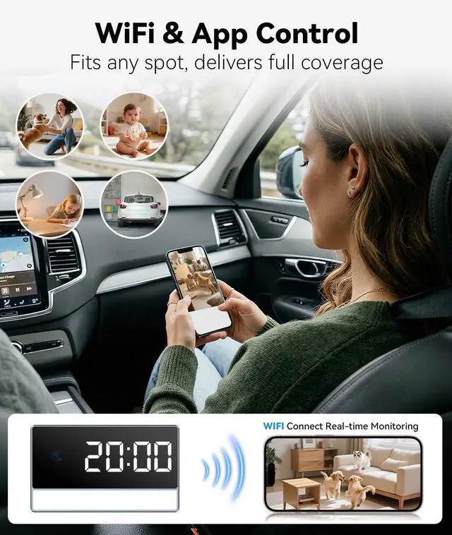 Alt view image 6 of 7 - 4K WiFi Wireless Indoor Security Cam with Night Vision, Indoor Camera with Clock with App Control, Nanny Cam with AI Motion Detection, Loop Recording, Local & Cloud Storage for Home, Easy to Use