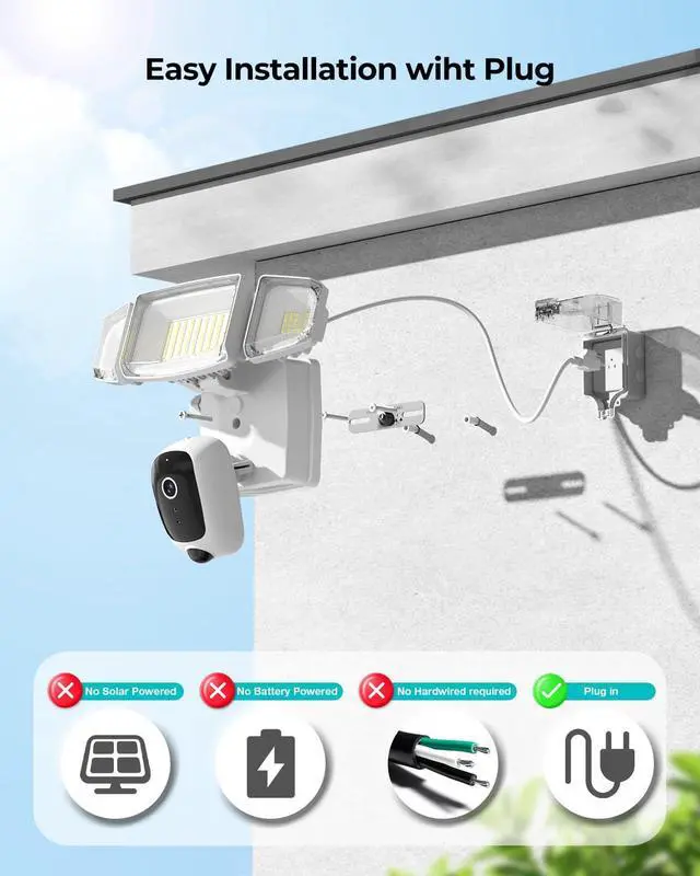 Alt view image 2 of 7 - iMaihom 2K Floodlight Camera with Plug-in Power Cable, 3000LM Security Outdoor Cam with Motion-Activated, Color Night Vision, 2-Way Audio, Siren, 24/7 Recording, IP65, 5G/2.4G WiFi, Works with Alexa