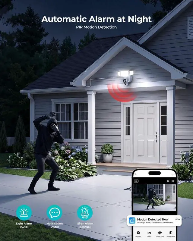 Alt view image 6 of 7 - iMaihom 2K Floodlight Camera with Plug-in Power Cable, 3000LM Security Outdoor Cam with Motion-Activated, Color Night Vision, 2-Way Audio, Siren, 24/7 Recording, IP65, 5G/2.4G WiFi, Works with Alexa