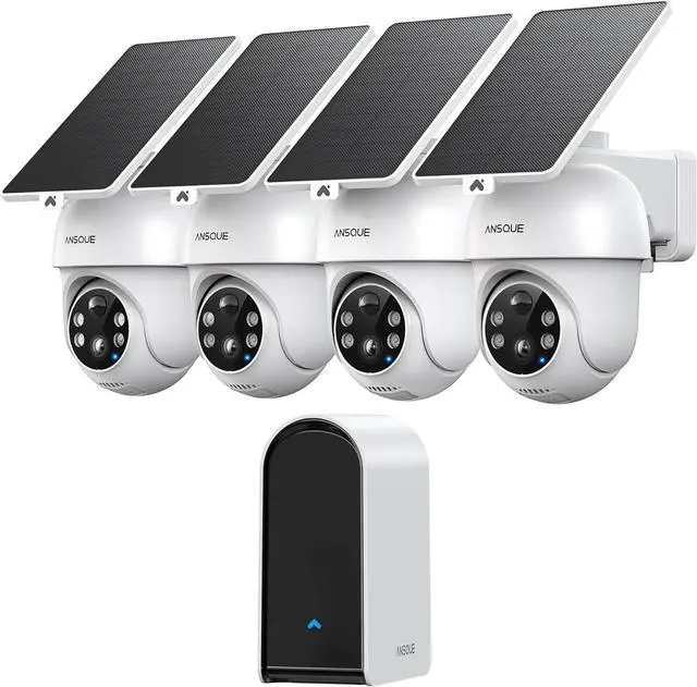 Main image of ANSQUE Security Cameras Wireless Outdoor Home System, 4 Camera Kit, No Subscription Fees, Solar Powered, Local Storage, 365-Day Battery Life, 360°PTZ Surveillance, Auto Tracking, 2K Color Night Vision