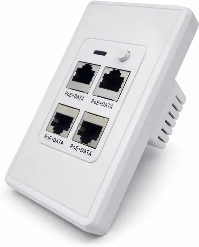 Main image of Active PoE-Jack 4 Port in-Wall Gigabit PoE Ethernet Extender Switch Plate, IEEE 802.3bt Uplink, Passes VLAN, Extends Ethernet, Cameras, POS, WiFi AP, VoIP & More.1 Rear Port & 4 Ports Out the Front.
