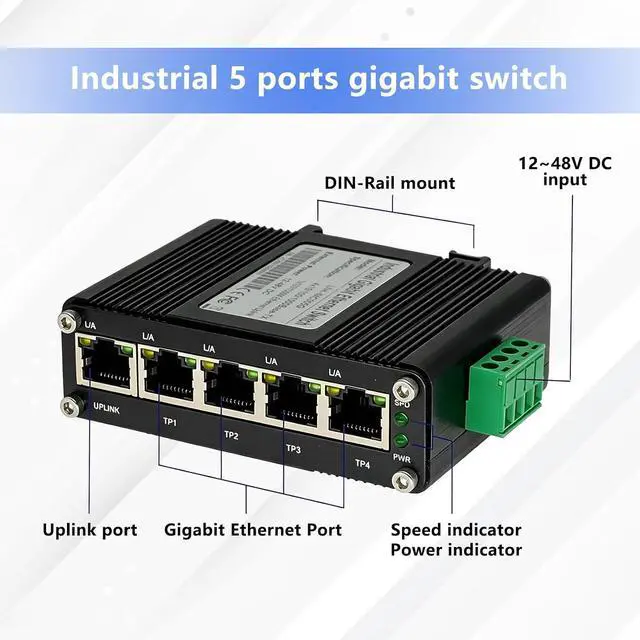 Alt view image 2 of 7 - Hardened Mini Industrial 5-Port Gigabit Ethernet Switch, 10/100/1000Mbps, Din Rail & Wall Mountable, -40 to 167 F, 10Gbps Switching Capacity