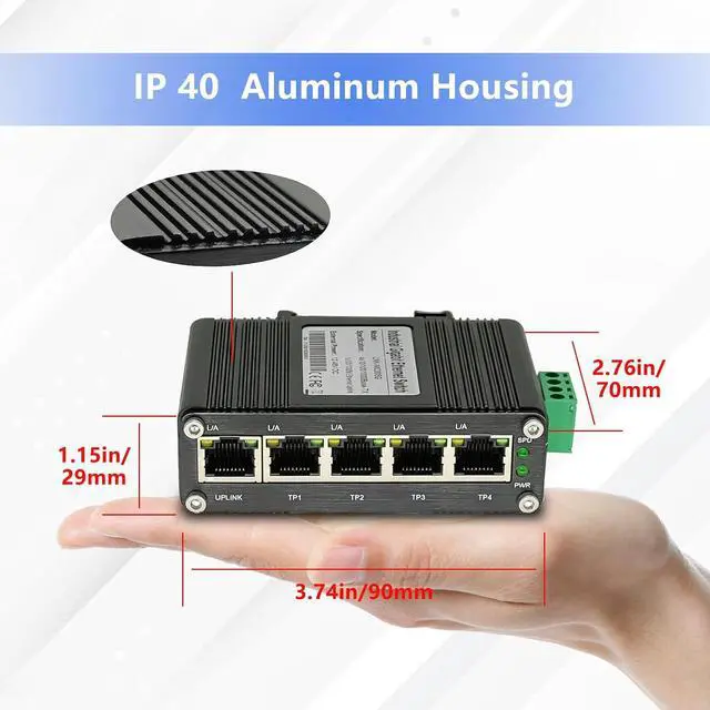 Alt view image 3 of 7 - Hardened Mini Industrial 5-Port Gigabit Ethernet Switch, 10/100/1000Mbps, Din Rail & Wall Mountable, -40 to 167 F, 10Gbps Switching Capacity