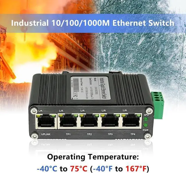 Alt view image 6 of 7 - Hardened Mini Industrial 5-Port Gigabit Ethernet Switch, 10/100/1000Mbps, Din Rail & Wall Mountable, -40 to 167 F, 10Gbps Switching Capacity