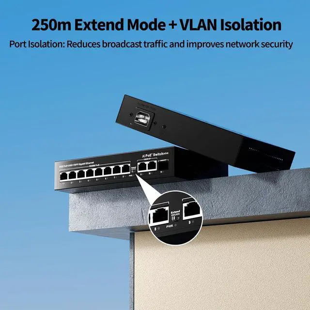 Alt view image 5 of 7 - 8 Port Gigabit PoE+ Switch, 2 Uplink Ports & 1 SFP Fiber Slot, 120W PoE Power Budget, IEEE 802.3af/at, Unmanaged Network Switch, Fanless Metal, Plug & Play for IP Cameras, Wireless AP