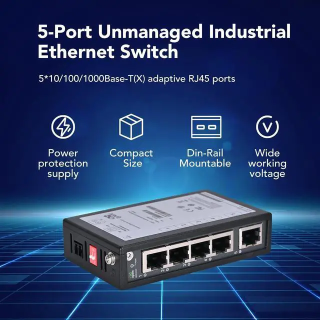 Alt view image 3 of 6 - InHand Networks 5-Port Unmanaged Industrial Gigabit Ethernet Switch, 5 * 10/100/1000 Base-T(X) Adaptive RJ45 Ports, Operating Temperature from -40°C to +75°C, IP30, DIN Rail, FCC/CE/UL Certification