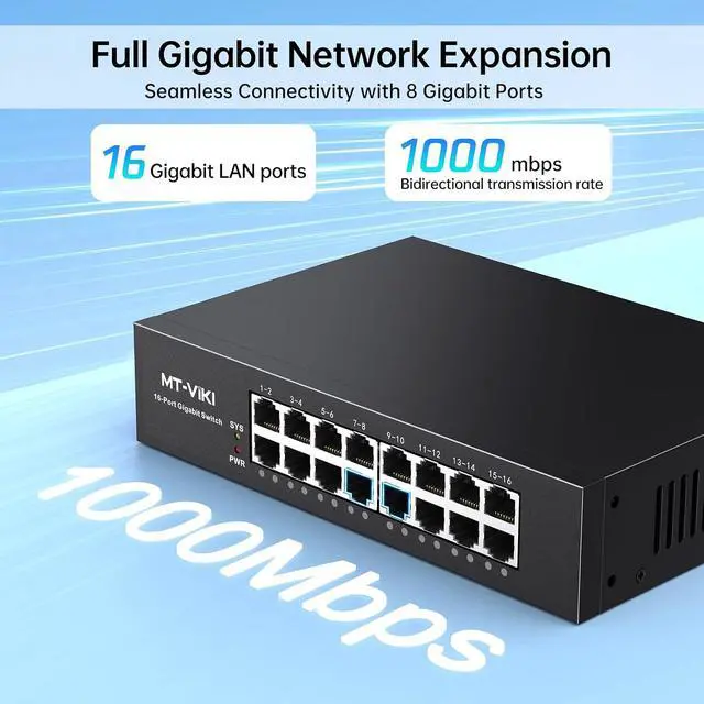 Alt view image 2 of 7 - MT-VIKI16 Port Gigabit Ethernet Switch, Unmanaged Network Switch Splitter, Desktop/Wall-Mount, Metal Casing, Fanless, Plug and Play
