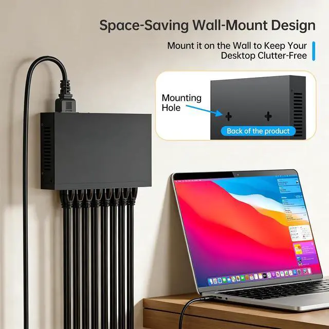 Alt view image 6 of 7 - MT-VIKI16 Port Gigabit Ethernet Switch, Unmanaged Network Switch Splitter, Desktop/Wall-Mount, Metal Casing, Fanless, Plug and Play