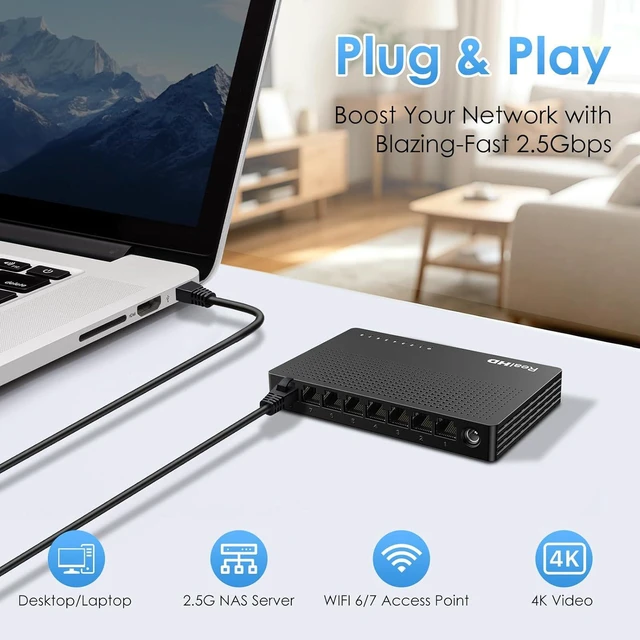 Alt view image 3 of 6 - 2.5Gb Switch, Ethernet Switch 2.5Gb 8 Port Unmanaged, Network Switch for Game Console, NAS, PC, Wireless APs, Plug & Play Fanless, Desktop Wall Mount Network Hub