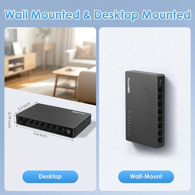 Alt view image 6 of 6 - 2.5Gb Switch, Ethernet Switch 2.5Gb 8 Port Unmanaged, Network Switch for Game Console, NAS, PC, Wireless APs, Plug & Play Fanless, Desktop Wall Mount Network Hub