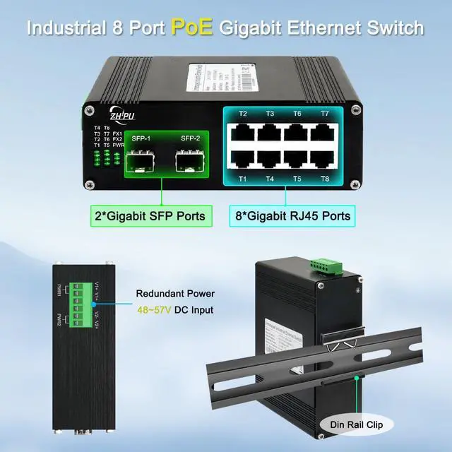 Alt view image 2 of 6 - Industrial 8-Port 10/100/1000Mbps Ethernet Optical Fiber Switch with 2 Gigabit SFP Slot, 10-Port Network Switch Associated with 20Gbps Bandwidth, Din Rail or Desktop